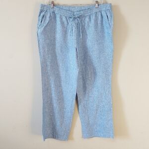Talbots Linen Pants Plus Size 18 W Blue Wide Leg Drawstring Waist Tie Pullon